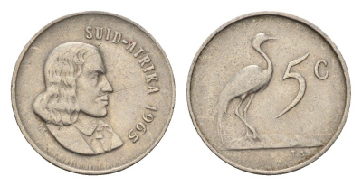 ЮАР 5 центов 1965 Ян ван Рибек (1619-1677), Suid Africa, легенда на африкаанс, райский журавль KM 67.2 никель 4702-452