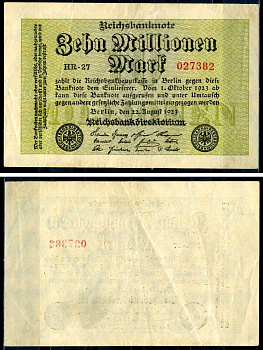 Германия 10000000 марок 1923 22 августа 1923, серия HR Pick 106 a бумага 7552-61-2-2