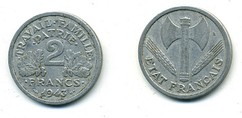 Франция 2 франка 1943 правительство Виши KM 904.1 алюминий 84-143