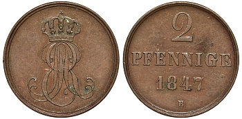 Ганновер 2 пфеннига 1847 B, Эрнст Август (1837-1851) KM 202.1, AKS 124, J. 75 медь 75-1853
