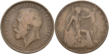 Великобритания 1 пенни 1918 Георг V (1910-1936) KM 810, Spink 4051 бронза 4572-1232