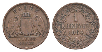 Баден 1 крейцер 1864 Фридрих I (1856-1907) KM 242 медь 4604-847