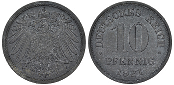 ГЕРМАНИЯ 10 ПФЕННИГОВ 1921 KM 26, J. 299 цинк 45-1266