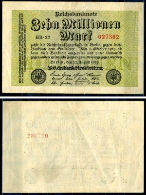 Германия 10000000 марок 1923 22 августа 1923, серия HR Pick 106 a бумага 7552-61-2-2