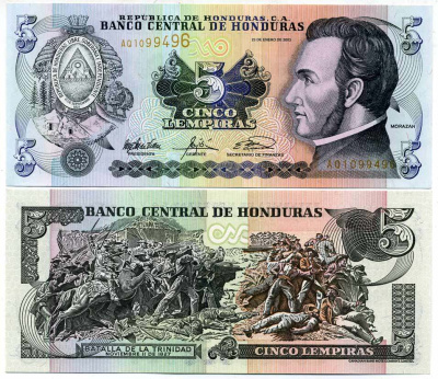 ГОНДУРАС 5 ЛЕМПИРА 2003 23 ЯНВАРЯ 2003, ФРАНСИСКО МОРАСАН, СЦЕНА БИТВЫ ЗА ТРИНИДАД Pick 85с бумага UNC (ПРЕСС) 6287-50-2-1