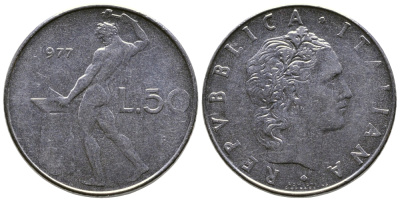 Италия 50 лир 1977 R, бог огня Вулкан у наковальни KM 95.1 нержавеющая сталь    4606-131