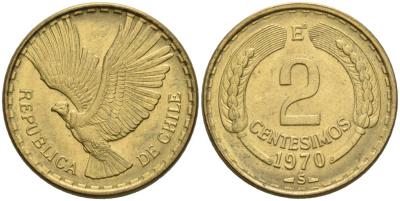 Чили 2 сентесимо 1970 S KM 193 алюминиевая бронза 190-1213