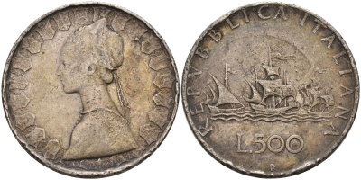 Италия 500 лир 1958? R, корабли Колумба, королева Изабелла KM 98 серебро 4593-434