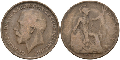 Великобритания 1 пенни 1918 Георг V (1910-1936) KM 810, Spink 4051 бронза 4572-1232