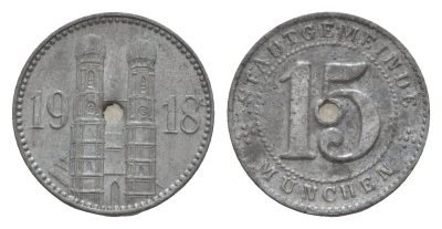 Мюнхен 15 пфеннигов 1918 Funck 348.1A, Men18 22407.1 цинк 4659-364