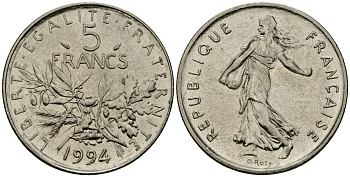 Франция 5 франков 1994 300 лет со дня рождения Вольтера KM 1063, Le Franc 344.2 медно-никель плакированный никелем 4120-445