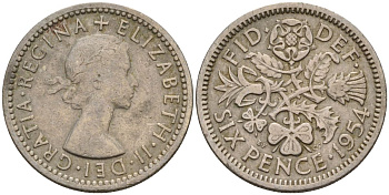 Великобритания 6 пенсов 1954 Елизавета II (1952-2022) KM 903, Spink 4149 медно-никель 4154-234