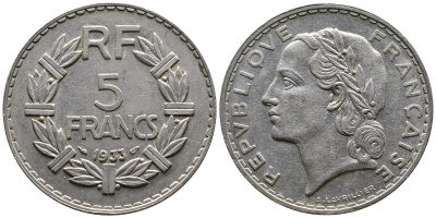 Франция 5 франков 1933 KM 888, Le Franc 336 никель 87-1334
