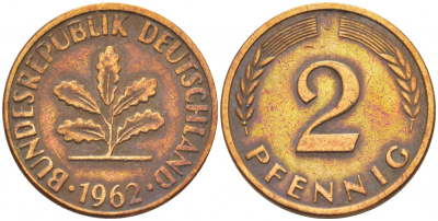 ФРГ 2 ПФЕННИГА 1962 J KM 106, J.381 бронза 4396-1554