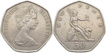 Великобритания 50 пенсов 1969 Елизавета II (1952-2022) KM 913, Spink 4223 (H1) медно-никель 115-513
