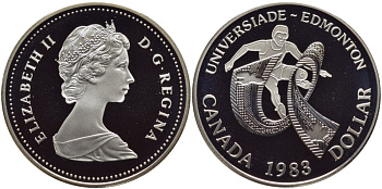 Канада 1 доллар 1983 XII летняя Универсиада в Эдмонтоне, в оригинальной коробке, KM 138 серебро PROOF 2-5-2-29