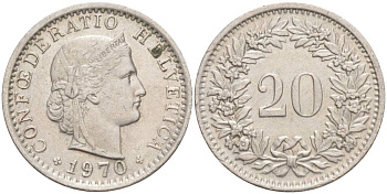 Швейцария 20 раппенов 1970 KM 29a медно-никель 55-922
