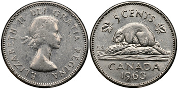 Канада 5 центов 1963 бобр, Елизавета II (1952-) KM 57 никель 4115-1259