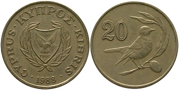 Кипр 20 центов 1988 KM 57.2 никель латунь 4402-153