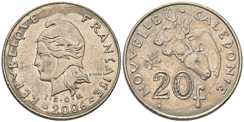 Французская Новая Каледония 20 франков 2006 три быка, (IEOM) KM 12a, Schoen 14a медно-никель 4131-746