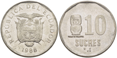 ЭКВАДОР 10 СУКРЕ 1988 VENUS DE VALDIVIA KM 92.1 сталь плакированная никелем 31-427