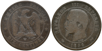 Франция 10 сантимов 1856 W, Наполеон III (1852-1870) KM 771.7, Le Franc 133.38 бронза 32-916