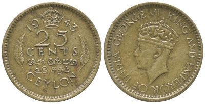 ЦЕЙЛОН 25 ЦЕНТОВ 1943 ГЕОРГ VI KM 115 никель латунь 100-827