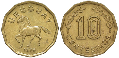 Уругвай 10 сентесимо 1976 KM 66 алюминиевая бронза 4164-748