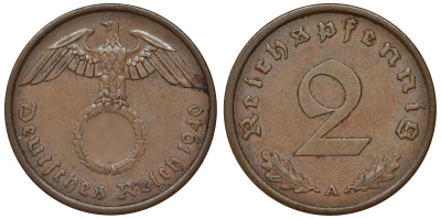 Германия 2 рейхспфеннига 1940 A KM 38, J. 362 алюминиевая бронза 4121-642