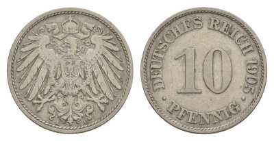 Германия 10 пфеннигов 1905 A, Вильгельм II (1888-1918) KM 12, J. 13 медно-никель 4640-259