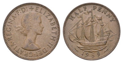 Великобритания 1/2 пенни 1959 Елизавета II (1952-2022) KM 896, Spink 4158 бронза 4662-1153
