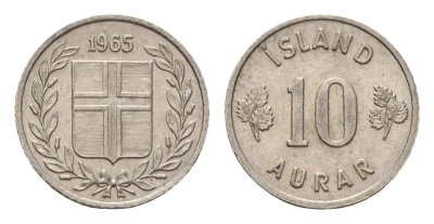 Исландия 10 эйре 1965 KM 10 медно-никель UNC 4690-715