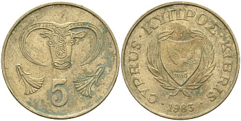 Кипр 5 центов 1983 голова быка KM 55.1 никель латунь 4141-911
