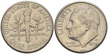 США 10 ЦЕНТОВ = 1 ДАЙМ 1994 D, РУЗВЕЛЬТ KM 195а медь плакированная медно-никелем 66-1129