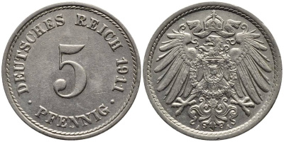 Германия 5 пфеннигов 1911 A KM 11, J. 12, Weege 6 медно-никель 4547-521