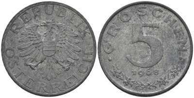 Австрия 5 грошей 1968 KM 2875 цинк 4594-319
