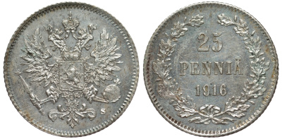 Россия для Финляндии 25 пенни 1916 S, Николай II (1894-1917) KM 6.2, Биткин 421 серебро 75-1258