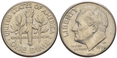 США 10 ЦЕНТОВ = 1 ДАЙМ 1994 D, РУЗВЕЛЬТ KM 195а медь плакированная медно-никелем 66-1129