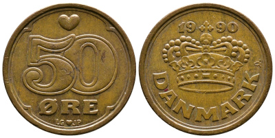 Дания 50 эре 1990 Маргрете II (1972- ) KM 866.2 бронза 4179-1044