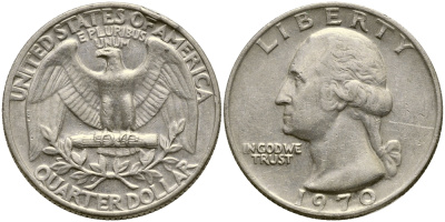 США 25 центов (квотер) 1970 Вашингтон KM 164а медь плакированная медно-никелем 4388-335