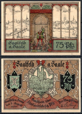Заальфельд (Заале) (Тюрингия) 75 пфеннигов 1921 Mehl Grabowski 1155.5-5/5 бумага UNC (пресс) 7553-20-3-1