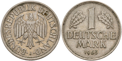 ФРГ 1 марка 1966 J KM 110, J. 385 медно-никель 4159-1056