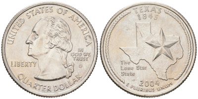 США 25 центов = квотер = 1/4 доллара 2004 D, квотер штата Техас KM 357 медь плакированная медно-никелем UNC 183-321