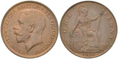 Великобритания 1 пенни 1921 Георг V (1910-1936) KM 810, Spink 4051 бронза    69-745