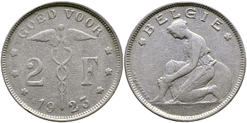 Бельгия 2 франка 1923 Belgie, Альберт I (1909-1934) KM 92 никель 4364-3442