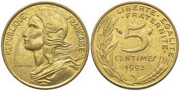 ФРАНЦИЯ 5 САНТИМОВ 1992 ТИП MARIANNE, 4 PILIS KM 933, LE FRANC 125.30 медь алюминий никель 116-458