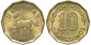 Уругвай 10 сентесимо 1981 KM 66 алюминиевая бронза 4169-532