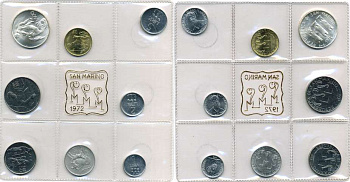 Сан-Марино годовой набор из 8 монет 1972 1, 2, 5, 10, 20, 50, 100 и 500 лир мать поднимает ребенка в воздух KM 14-21, в оригинальной пластиковой запайке серебро KM MS1 серебро UNC 5-4-3-46
