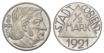 Кобленц 1/2 марки 1921 Funck 80.9A, Men05 4526.18, Men18 5727.18/20 сталь UNC 4637-1135