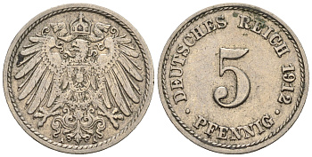 Германия 5 пфеннигов 1912 A, KM 11, J. 12 медно-никель 220-632